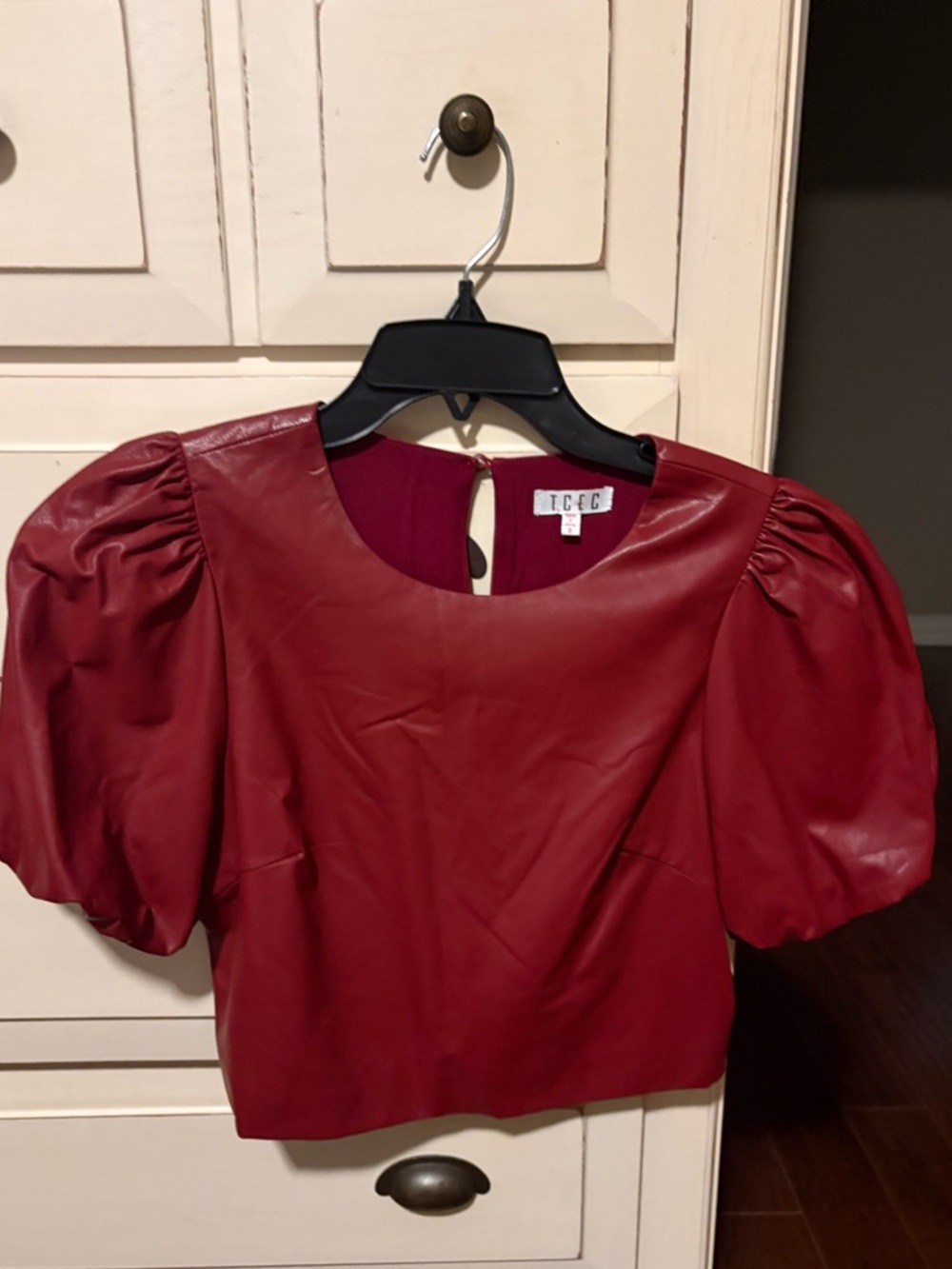 TCEC Burgundy Faux Leather Puff Sleeve Crop Top